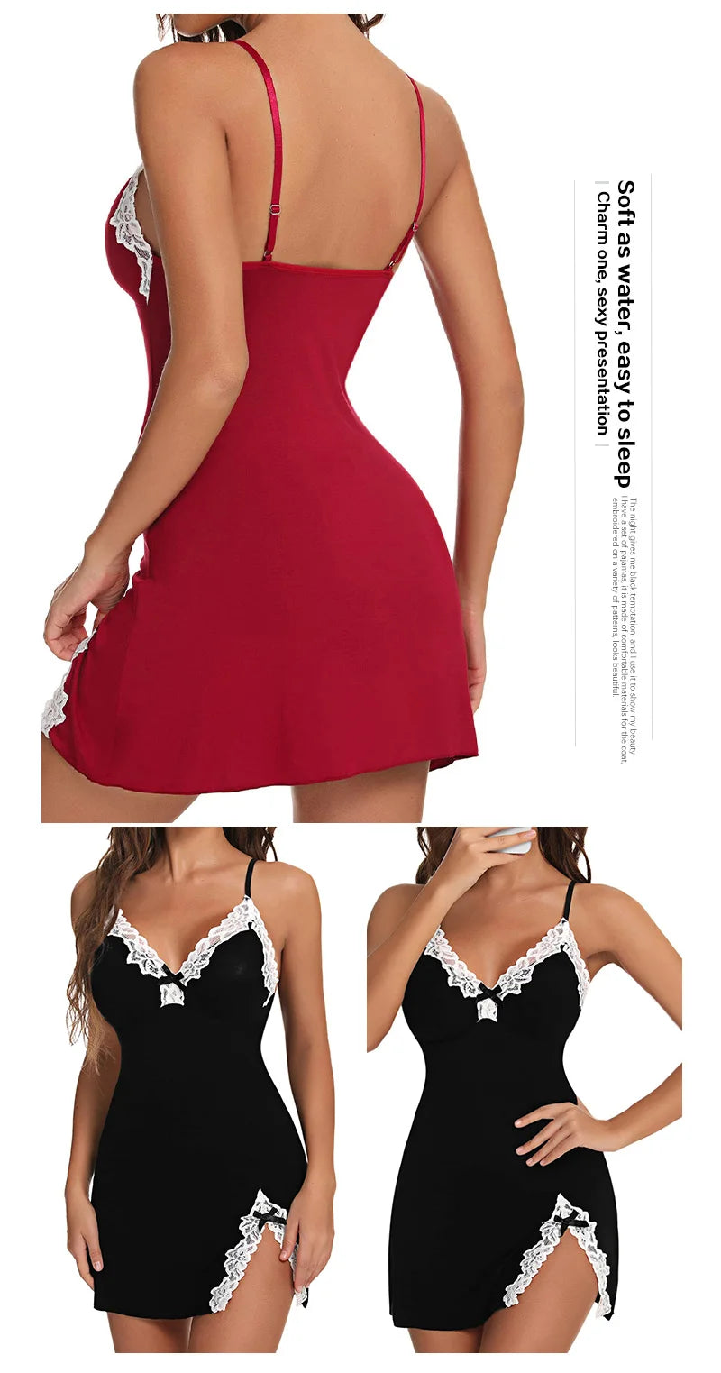 Sexy Summer Sleepwear Women Lace Silk Satin Night Deress Sleeveless V-Neck Split Hem Soft Lingerie Sleepwear Female Clothes