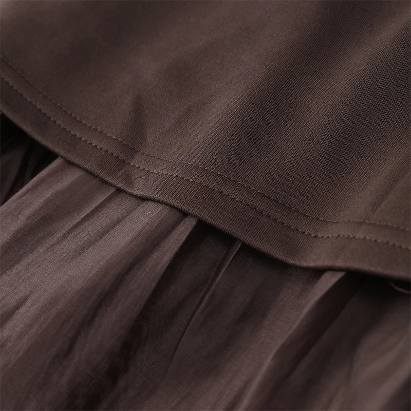 Chic Splicing Brown Half Sleeve Maxi Dress Women's Casual Pleated A-line Slim Vestidos Female Office Commute Street Robes