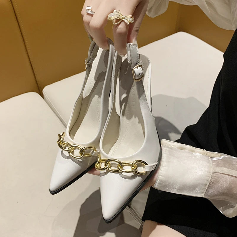 Summer Women Sandals Elegant Versatile Women High Heels Party Wedding Fashion Point-toe Ladies Causal Dresses Shoes Metal Chain