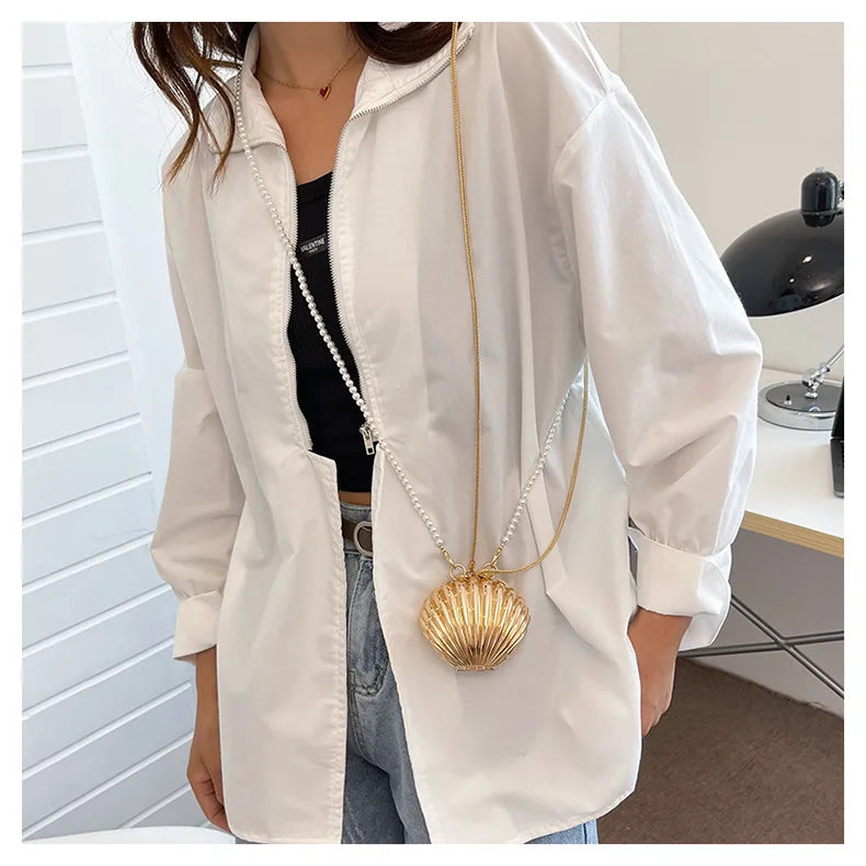2026 New Summer Lipstick Bags for Women Fashion Pearl Mini Purse Crossbody Bag High Quality Gold Shell Bag Designer Shoulder Bag