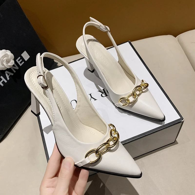 Summer Women Sandals Elegant Versatile Women High Heels Party Wedding Fashion Point-toe Ladies Causal Dresses Shoes Metal Chain