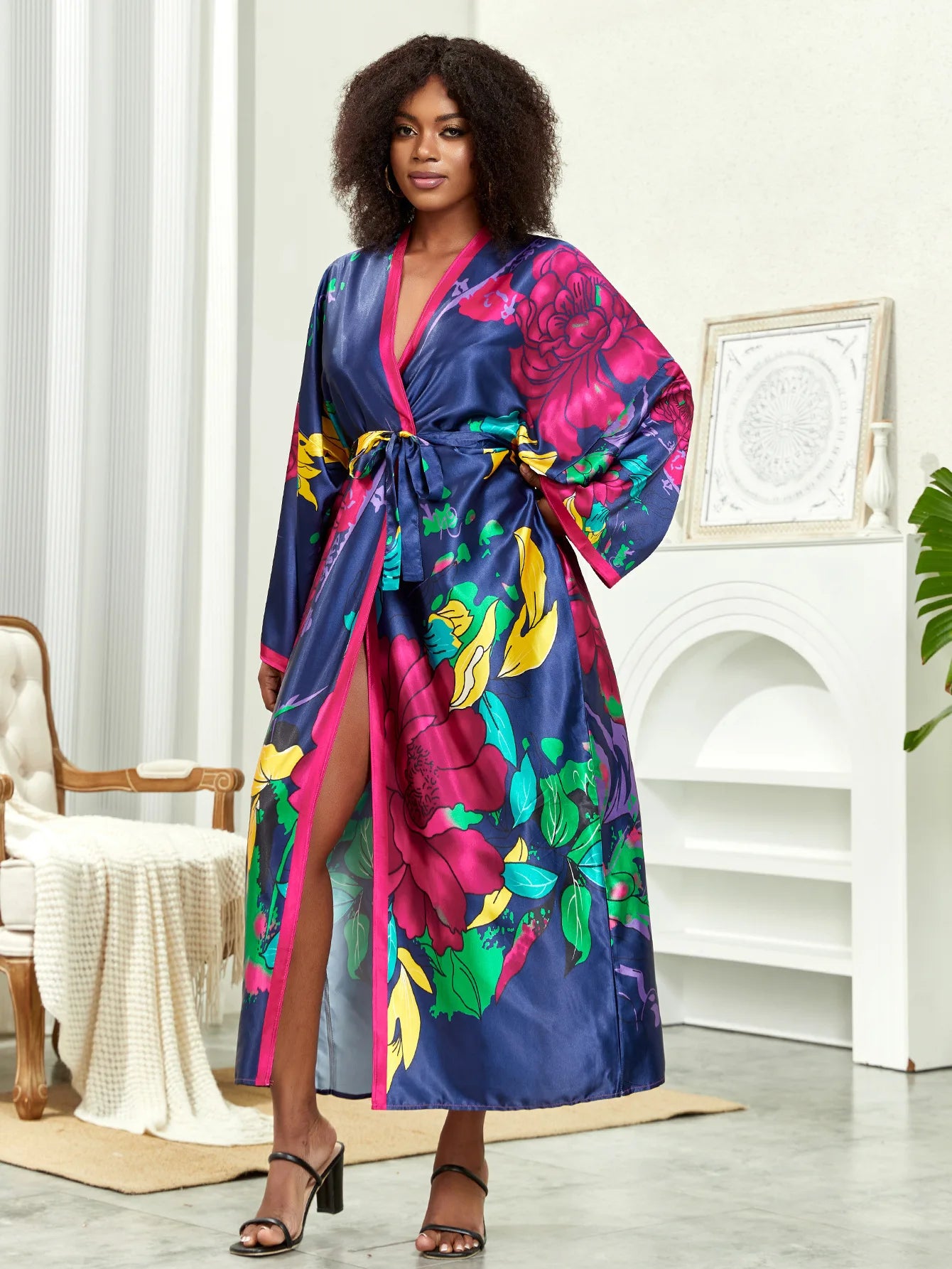 Long Kimono Bath Robe Gown Wide Sleeve Print Flower Robe Women Satin Nightgown New Silk Satin Nightdress V-Neck Lounge Sleepwear