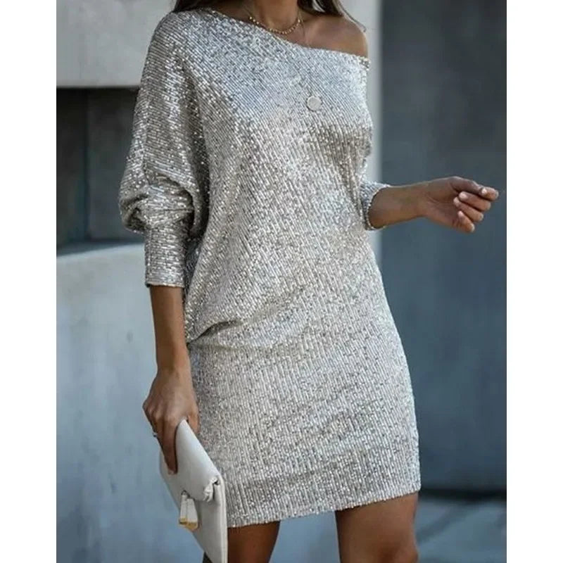 Sexy Slim-Fit Sequined Mini Dress Autumn and Winter New Dress Women Long Sleeve Off Shoulder Slash Neck Party Formal Dress