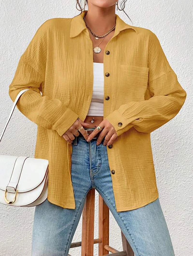 100% Cotton Gauze Muslin Women Shirts Casual Turn Down Collar Long Sleeve Top Office Lady Elegant Blouses for Women Blusas