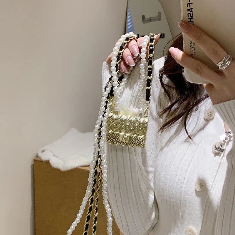 Mini Metal Shoulder Bags for Women Pearl Chain Crossbody Bag Designer Clothing Accessories Satchel Female Decorative Box Handbag