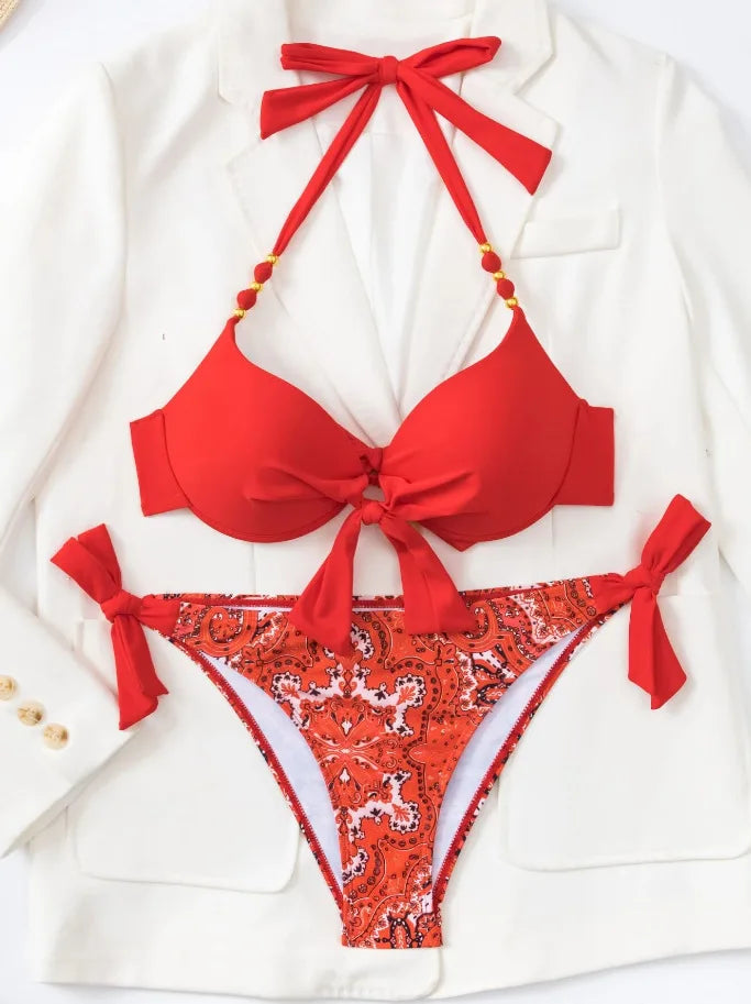 Push Up Halter Bikini Printed Swimsuit Women Sexy Strappy Swimwear Female Bathers Bathing Swimming Swim Suit Beachwear