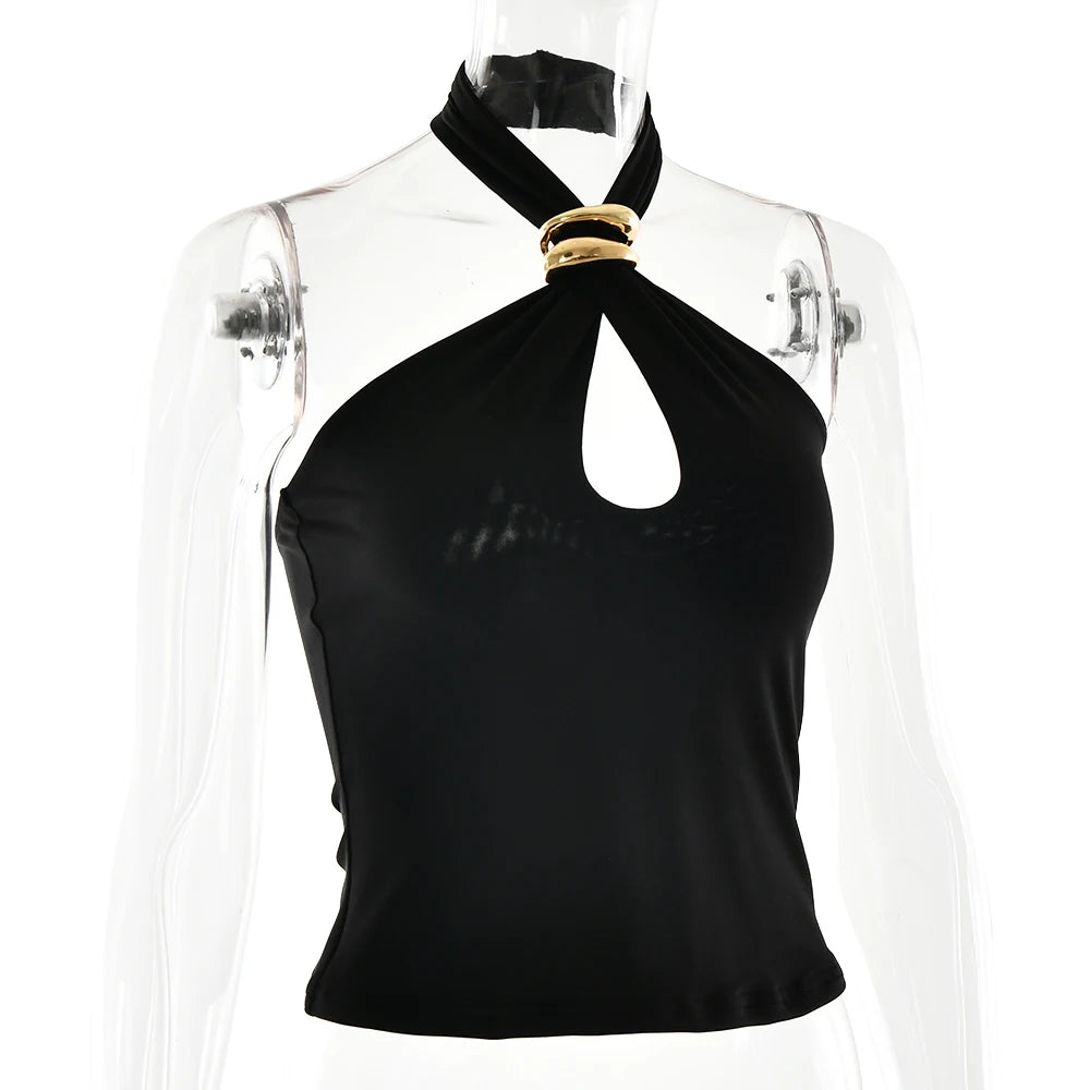 Fantoye Sexy Backless Metal Ring Halter Women Top Black Hollow Out Off Shoulder Crop Vest Female Summer Slim Elegant Streetwear