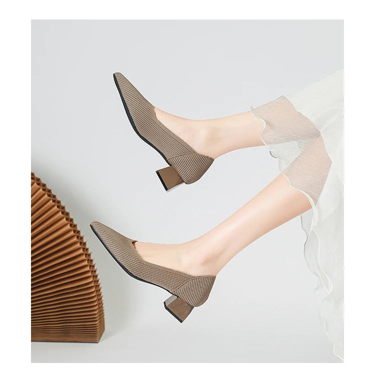 New Women's High Heels Large 42/43 Fashion Pointed Anti slip Rubber Bottom Knitted Breathable Shoes