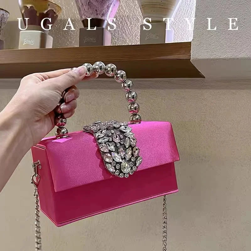 Luxury Designer Satin Square Box Crystal Shiny Diamonds Evening Bag Women's Handbag Wedding Party Clutch Purse Crossbody Bag