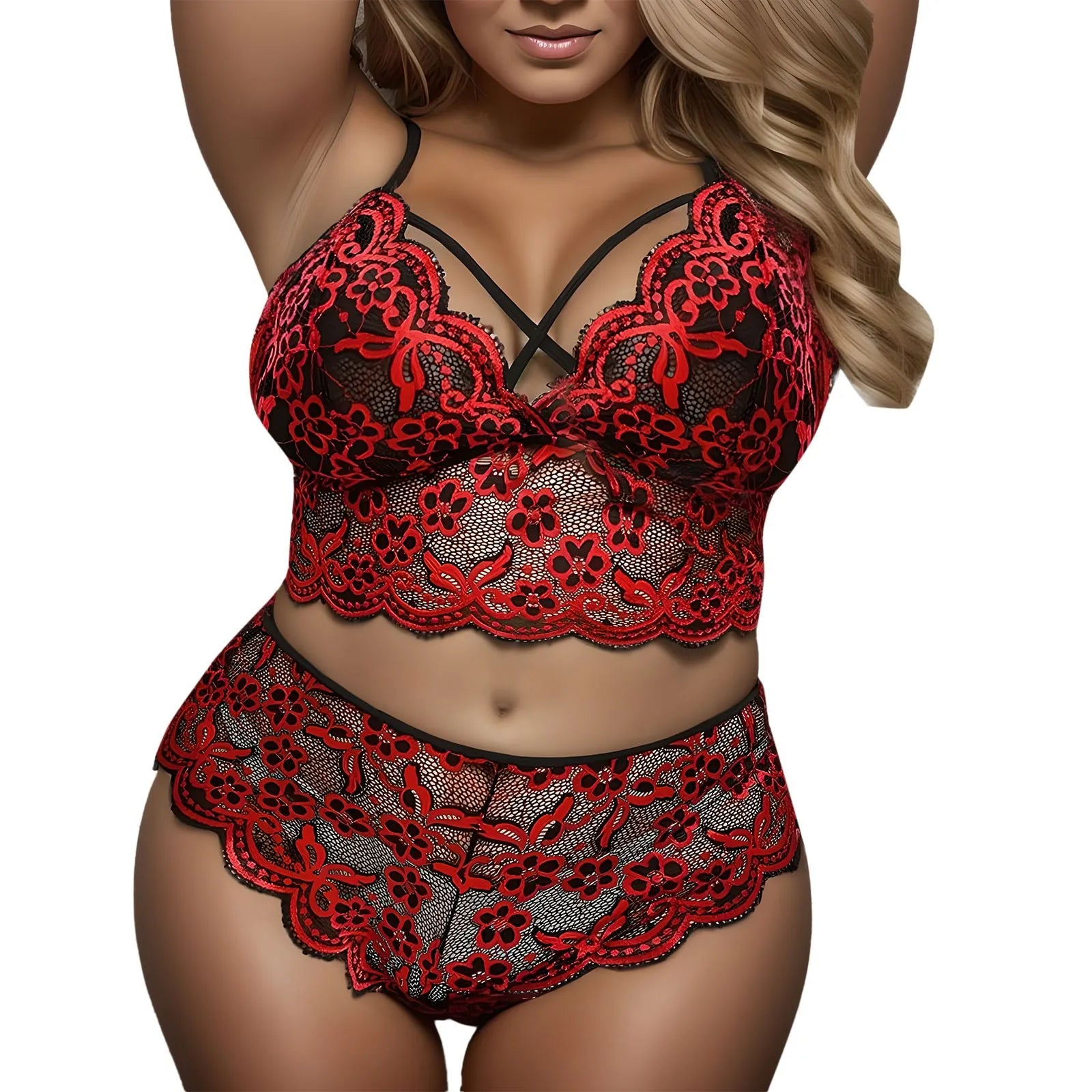 Women Plus Size Fashion Two Piece Sexy Lingerie Erotic Set Lace Sleepwear