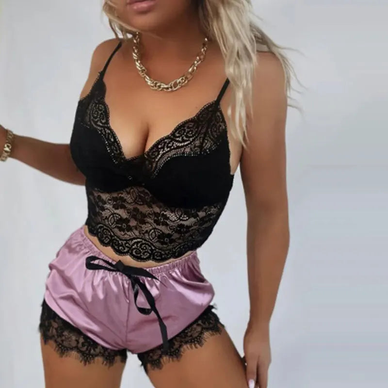 Women's 2 Piece Sexy Lace Pajama Set See-through Bralette Cami Top And Shorts Breathable Sleepwear Plus Size Summer Lingerie