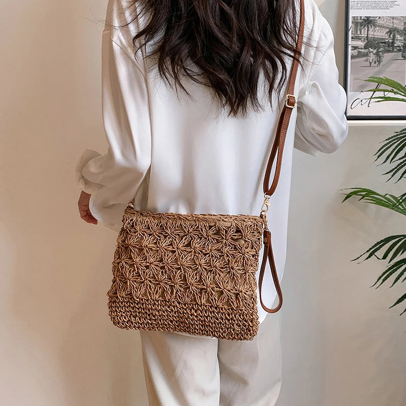 Summer Beach Women Straw Rattan Weave Shoulder Crossbody Bag Hollow Design Female Retro Daily Messenger Handbag