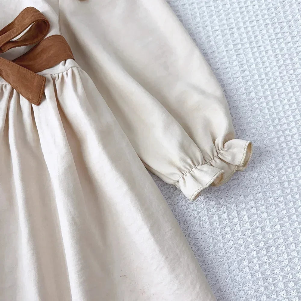 Autumn Plain Long Sleeved Stand Collar Tied Dress Solid Color Kids Dresses for Girls Daily Casual Clothes 3-7 Years Old