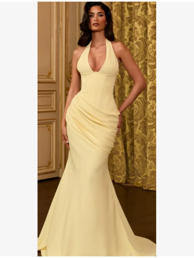 Sexy Yellow Mermaid Maxi Dress Halter Plunging V Neck Pleated Bust Ruched Waist Bodycon Dresses Trendy Social Gathering Vestido