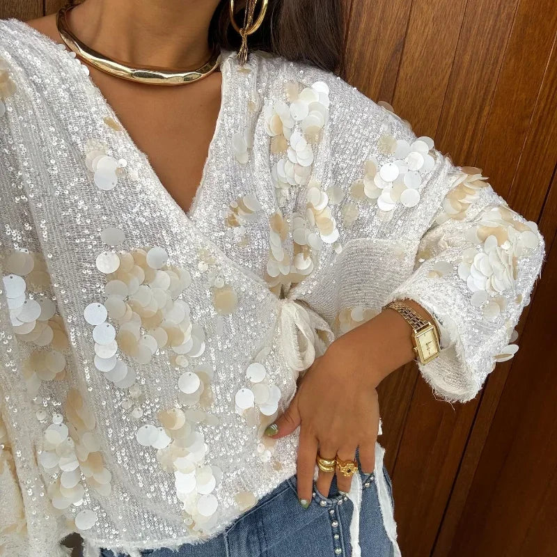 Fashion Women Sequined Lace Up Looseen Shirt Casual Female Long Sleeves V Neck Blouse 2025 Chic Female Spring Commute Streetwear