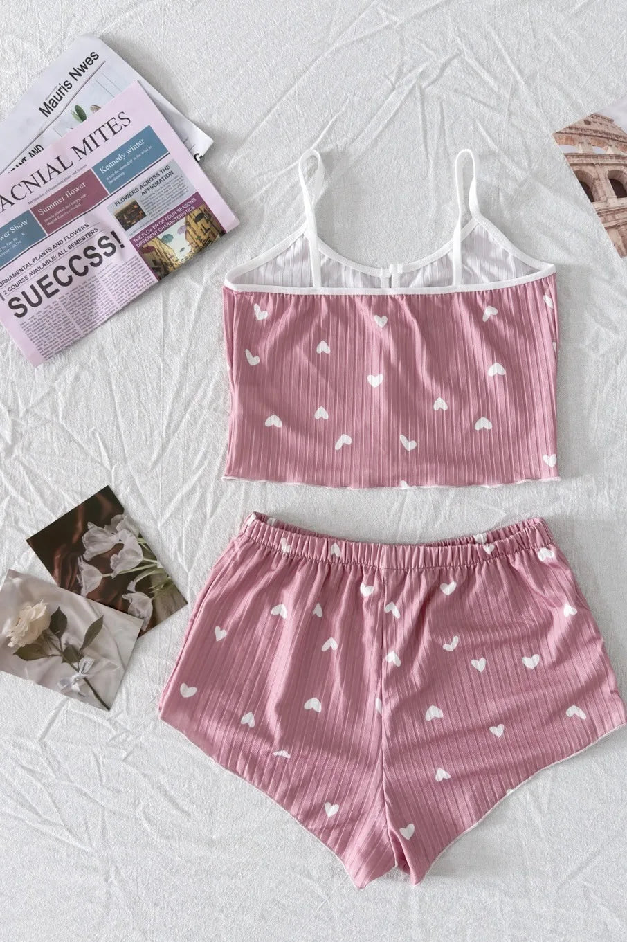 Sexy Sleepwear Women Pajamas Set Heart Print Silk Stain V-Neck Sleeveless Casual Cami Top and Shorts Sets Home Suit Loungewear