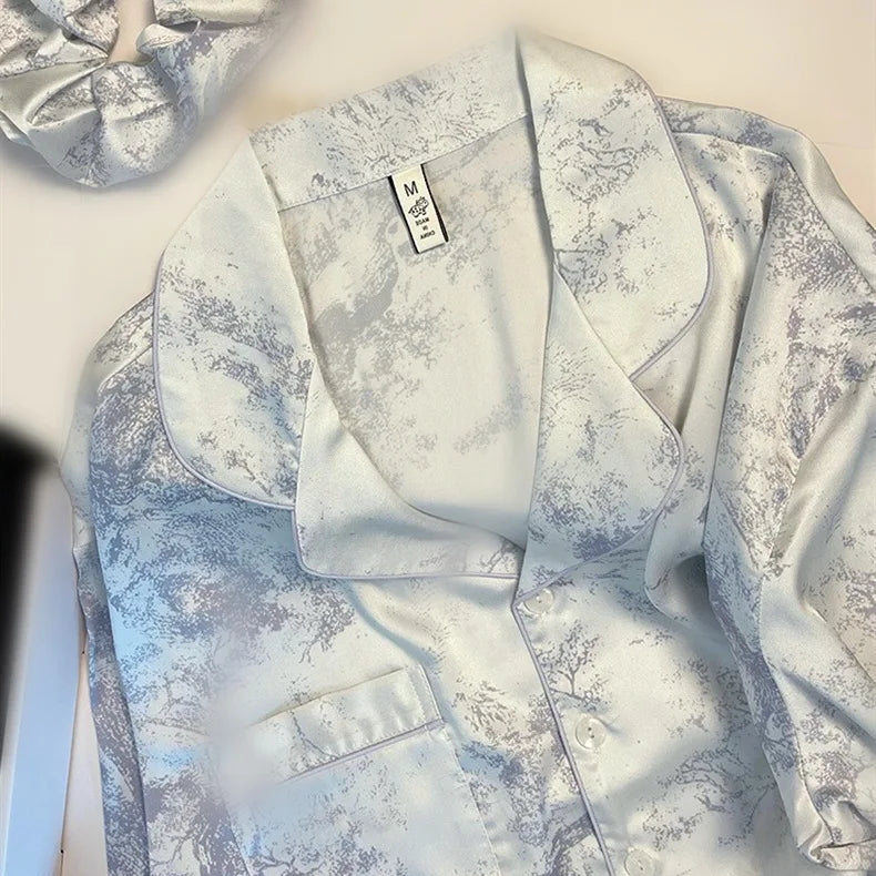 Women Sleepwear 2PCS Pajamas Set Sexy Print Flower Long Sleeve Trouser Suits Loungewear Loose Casual Satin Home Clothes Pyjama