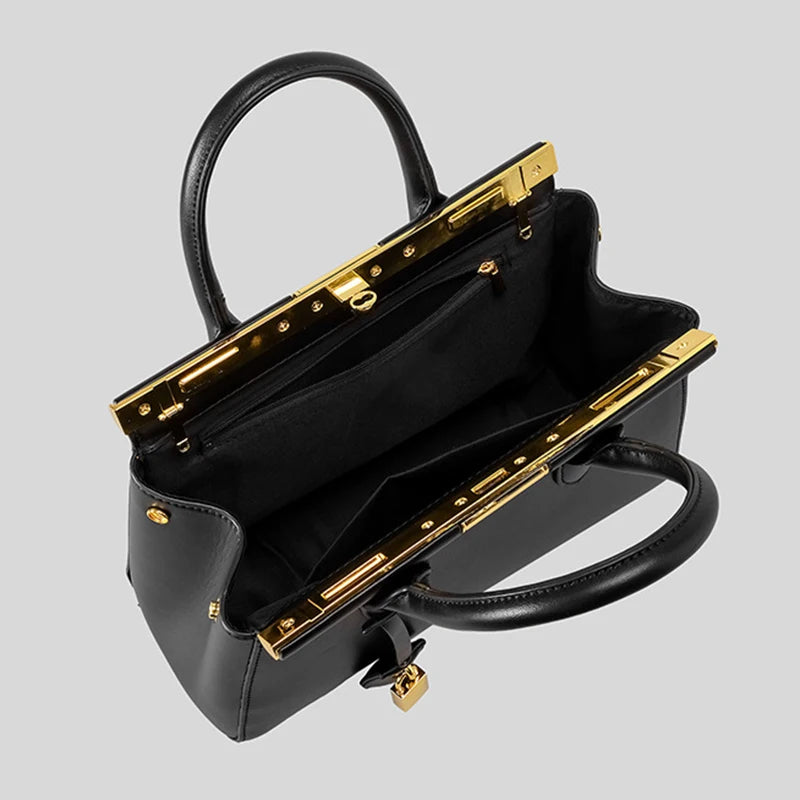 Brand Luxury Leather Handbag Large-capacity Briefcase With Gold Clasp Women Elegant Shoulder Crossbody Bag Clip Design Tote Bag