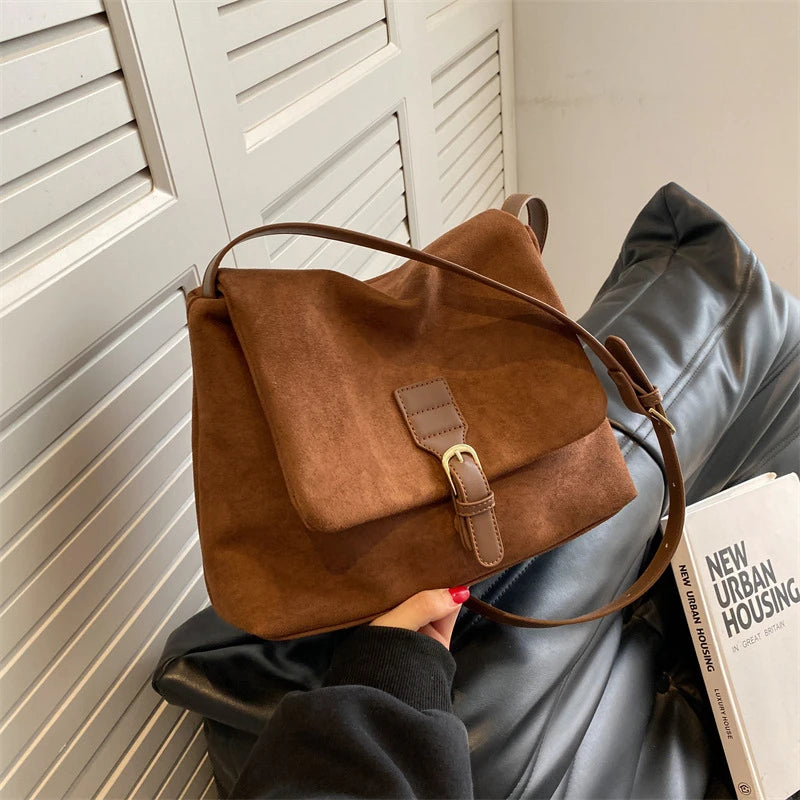Vintage Brown Suede Soft PU Leather Women Shoulder Bags Large Capacity Crossbody Bag Tote Bag High Quality Fashion Hobo Handbags