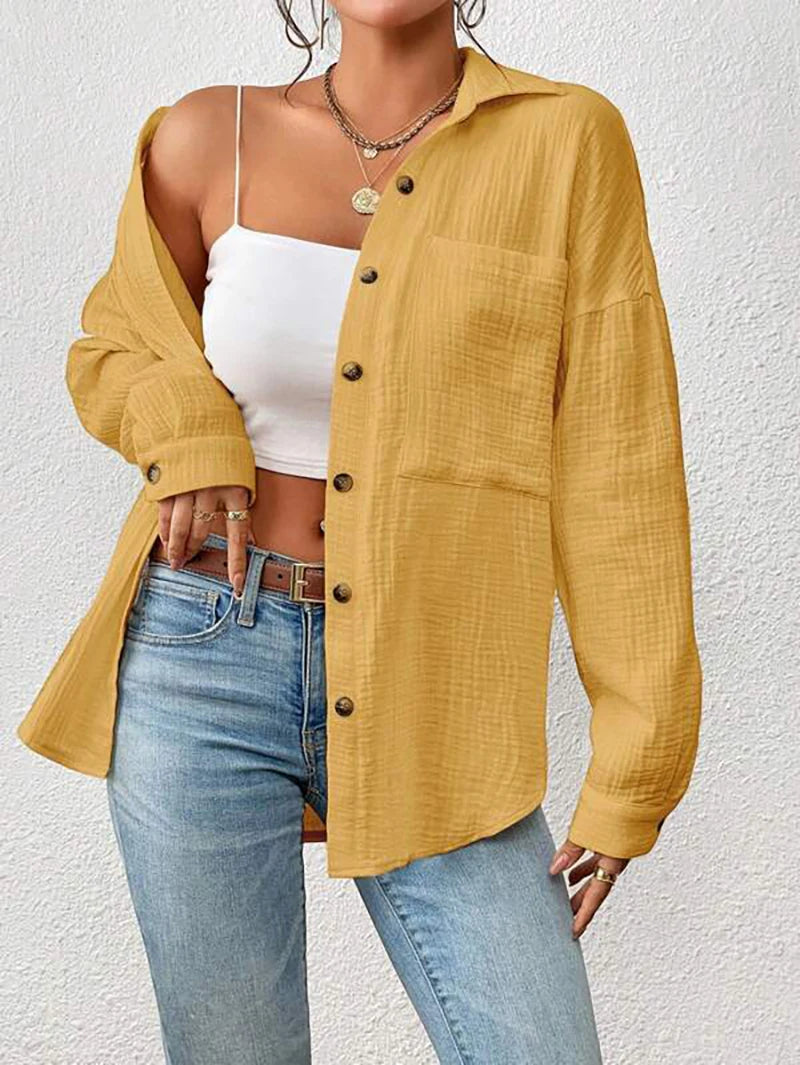 100% Cotton Gauze Muslin Women Shirts Casual Turn Down Collar Long Sleeve Top Office Lady Elegant Blouses for Women Blusas