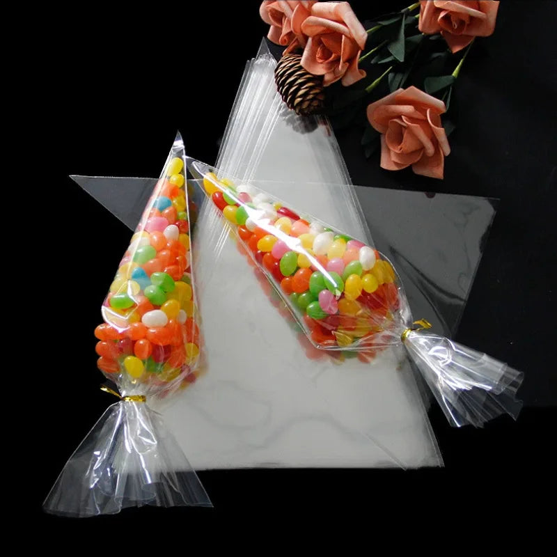 50/100pcs Candy Bags Cellophane Popcorn Bags Cone Cookies Storage Bags with Gold Twist Ties Wedding Birthday Party Favors