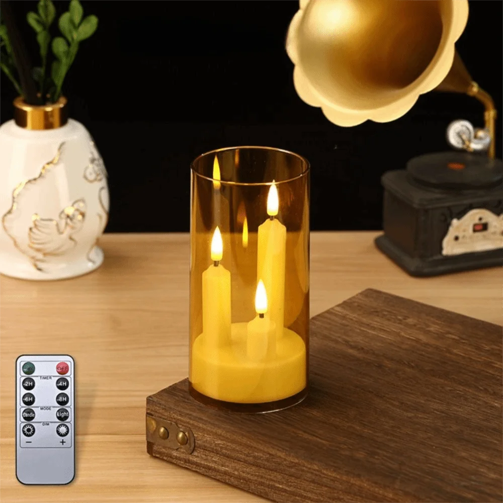 3 in 1 Design Flameless Taper Candles Transparent Lampshade Warm Light Flickering LED Candles Romantic Decorative