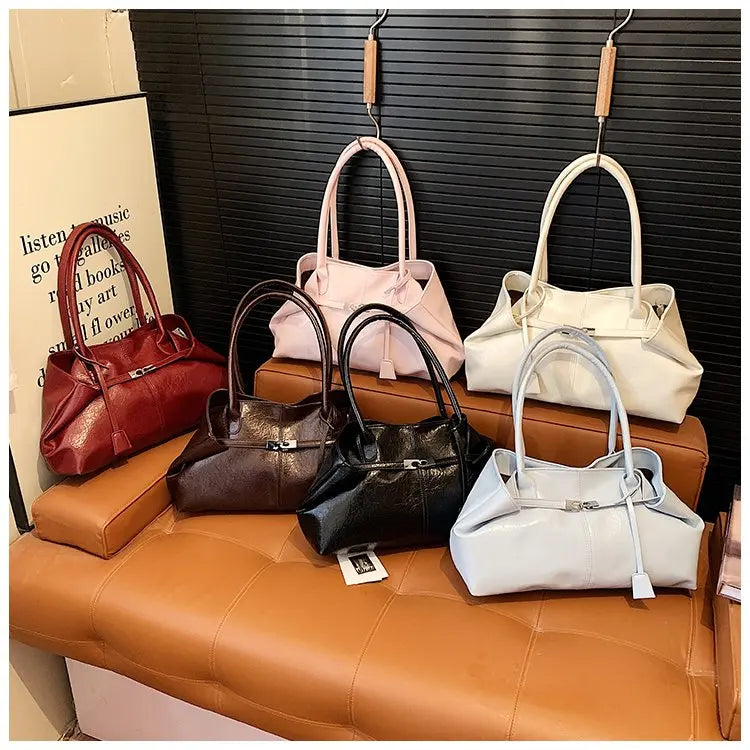 2026 New Large Capacity Soft Leather Pleated Women's Handbag Retro Commuter Tote Bag Quality Single Shoulder Slant Bag