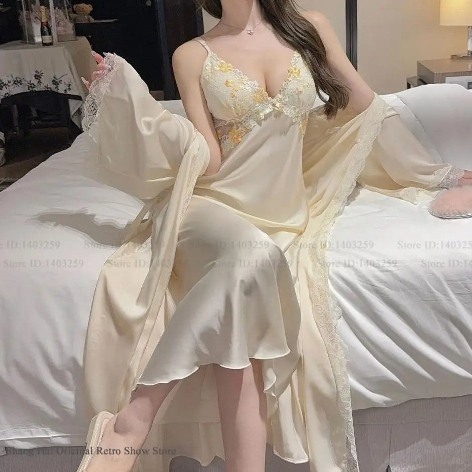 Patchwork Lace Female Long Twinset Robe Set Sexy Lingerie Nightgown Home Dress Elegant Ice Silk Kimono Gown Bathrobe Sleepwear