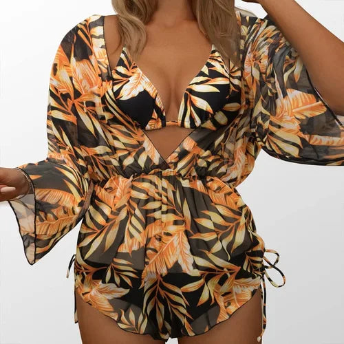 New 3 Piece Bikini Set Plus Size Swimsuit Women Long Sleeve Cover Up Print Halter Swimwear Beach Wear Sexy Bathing Suit 3XL