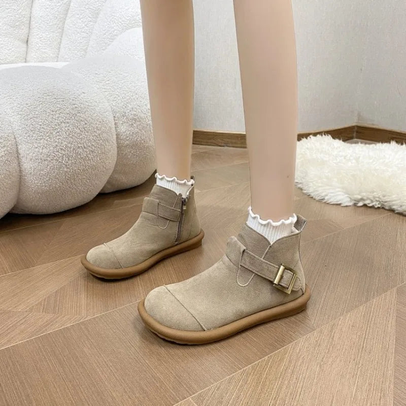 2026 New Autumn/Winter Fashion Flat Short Boots Round Toe Side Zipper Buckle Casual Splice Women's Shoes  35-40