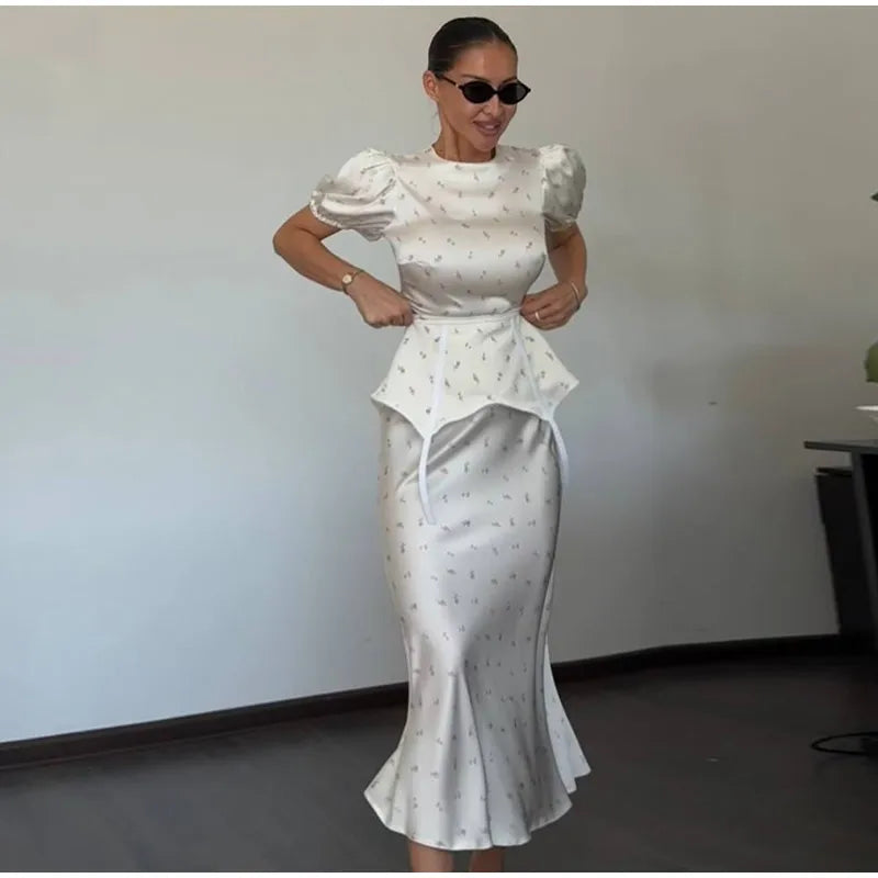 Women's White Floral Print Puff Sleeve Dress With Waistband Fashion Satin Ruffled Hem Maxi Dress