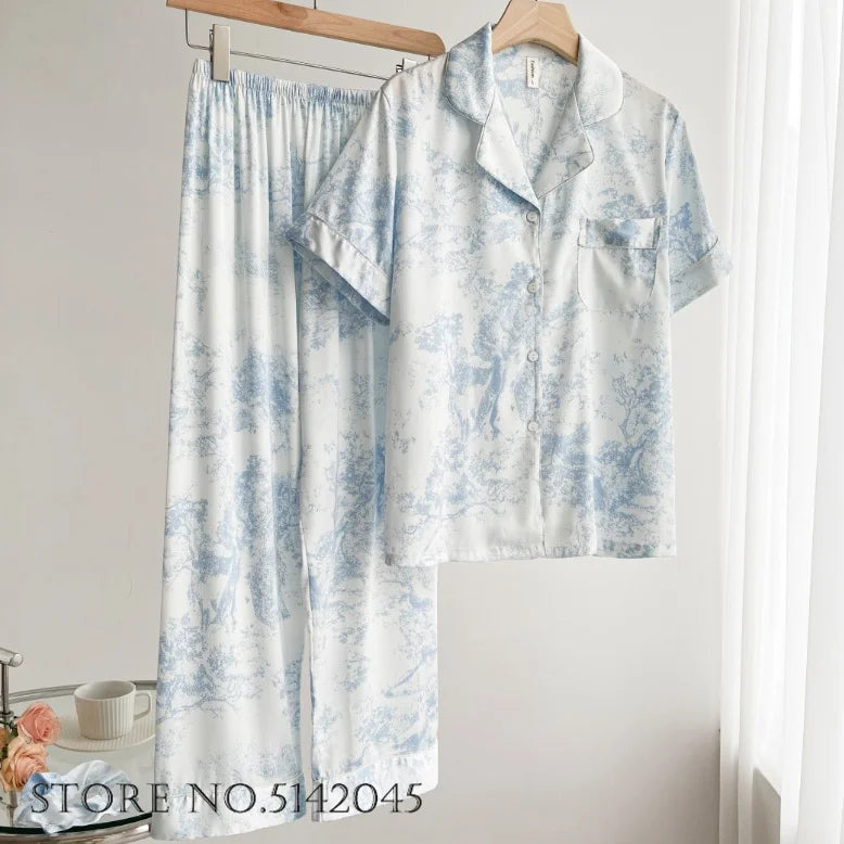 Women Sleepwear 2PCS Pajamas Set Sexy Print Flower Long Sleeve Trouser Suits Loungewear Loose Casual Satin Home Clothes Pyjama