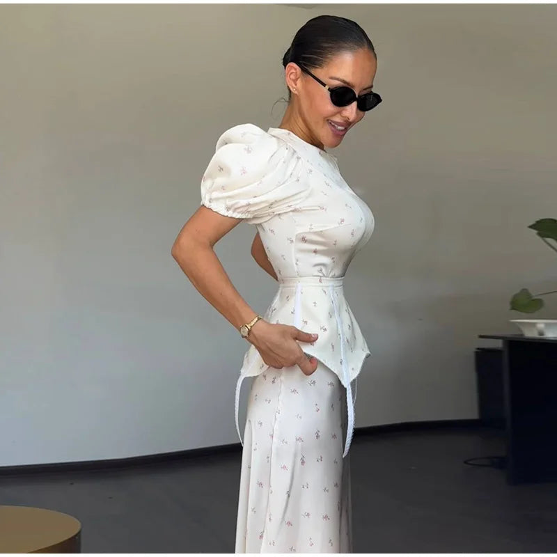 Women's White Floral Print Puff Sleeve Dress With Waistband Fashion Satin Ruffled Hem Maxi Dress