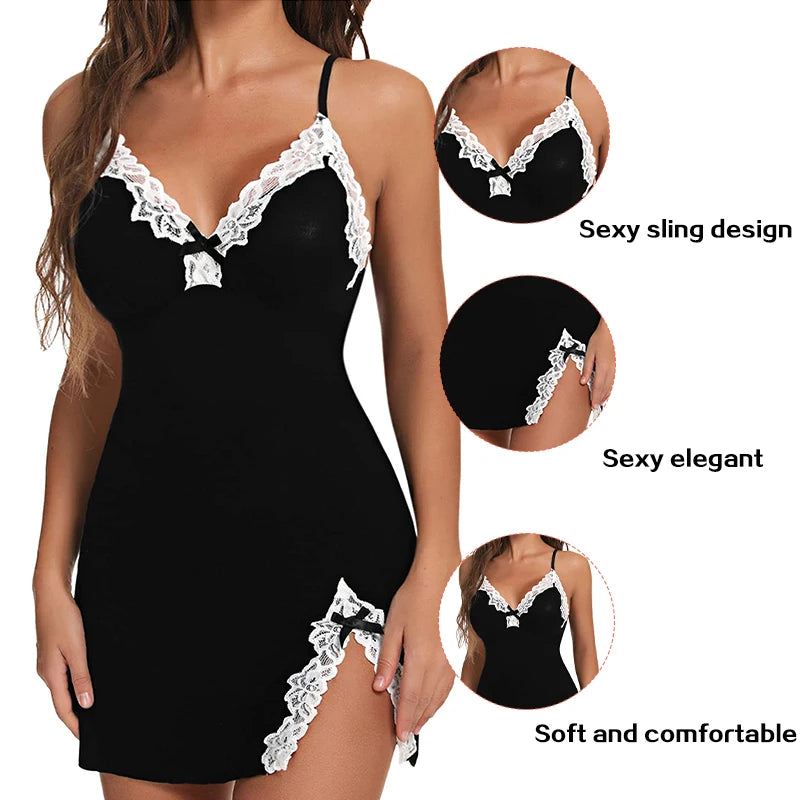 Sexy Summer Sleepwear Women Lace Silk Satin Night Deress Sleeveless V-Neck Split Hem Soft Lingerie Sleepwear Female Clothes