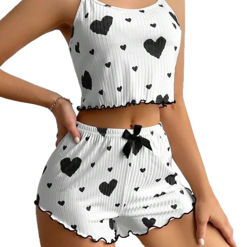 Women's Kawaii Pink Heart Print Pajama Set, Ribbed Spaghetti Strap Crop Top & Shorts, Summer Sleepwear Loungewear