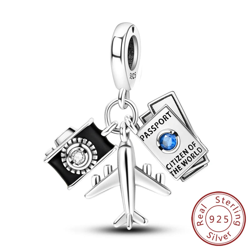 925 Sterling Silver Charms Bead Dangle Airplane Luggage Passport Travel Charms Fit Original Charms Bracelet Jewelry Gift