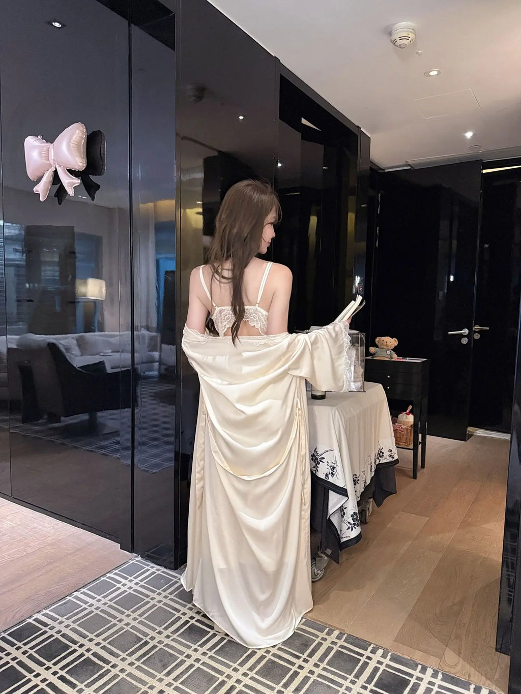 Patchwork Lace Female Long Twinset Robe Set Sexy Lingerie Nightgown Home Dress Elegant Ice Silk Kimono Gown Bathrobe Sleepwear
