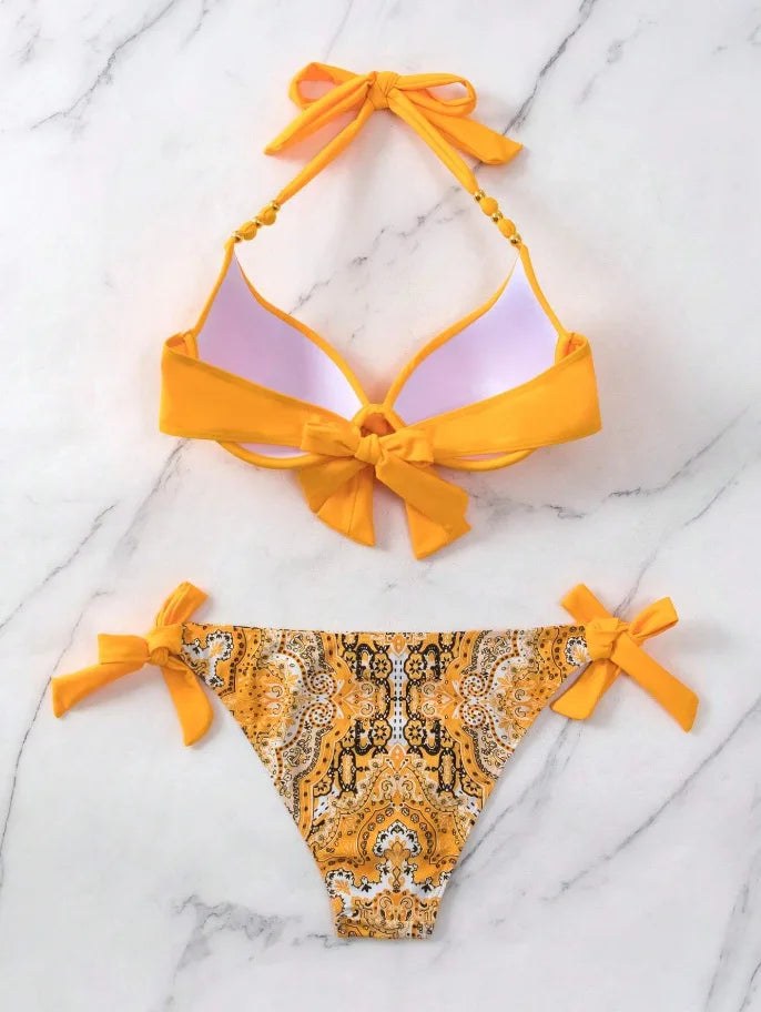 Push Up Halter Bikini Printed Swimsuit Women Sexy Strappy Swimwear Female Bathers Bathing Swimming Swim Suit Beachwear