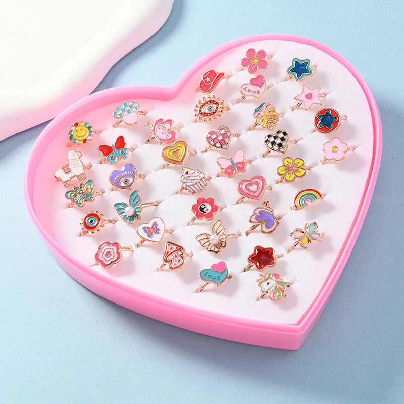 6/12/36pcs Adjustable Rings for Girls Pretend Play Makeup Toys for kids Cartoon Jewelry Alloy Rings Birthday Gifts for Girls