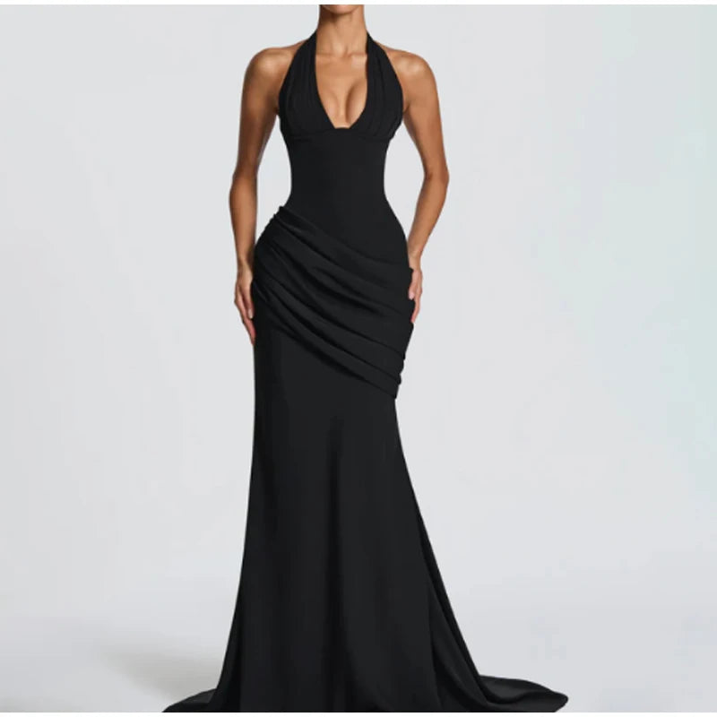 Sexy Yellow Mermaid Maxi Dress Halter Plunging V Neck Pleated Bust Ruched Waist Bodycon Dresses Trendy Social Gathering Vestido