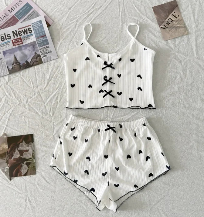 Sexy Sleepwear Women Pajamas Set Heart Print Silk Stain V-Neck Sleeveless Casual Cami Top and Shorts Sets Home Suit Loungewear