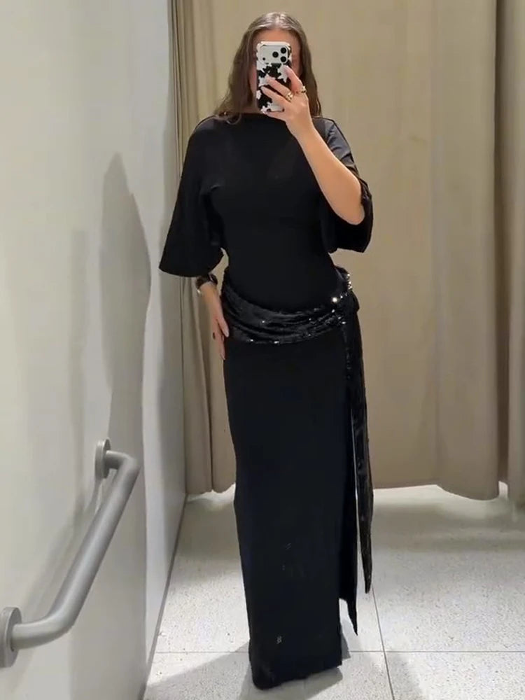 Sequined Patchwork Evening Dress Women Sexy Backless Half Sleeve Slim Hip Package Long Dresses Fashion Elegant Party Robes Lady