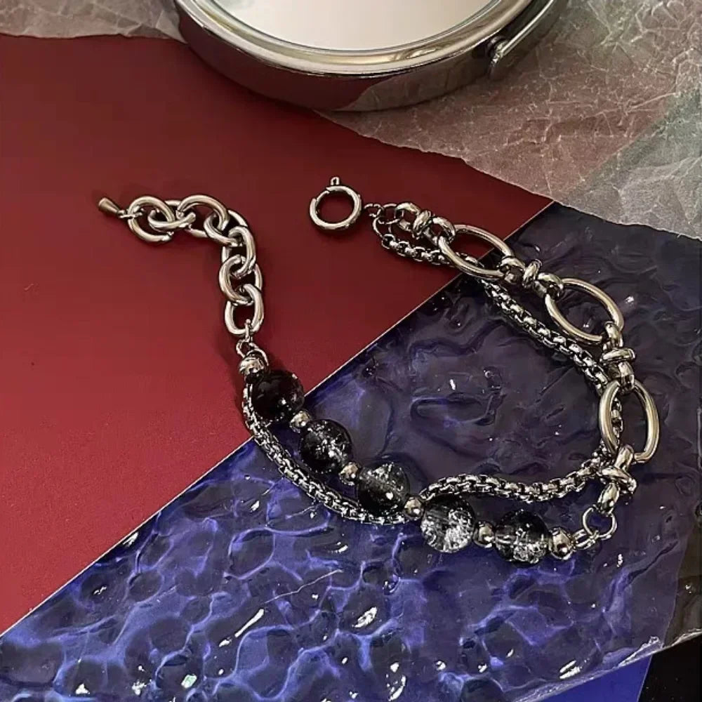 Retro Black Cracking Beads Bracelet for Men Women Stainless Steel Double Layered Chain Fashion Hip-pop Jewelry Pulseras