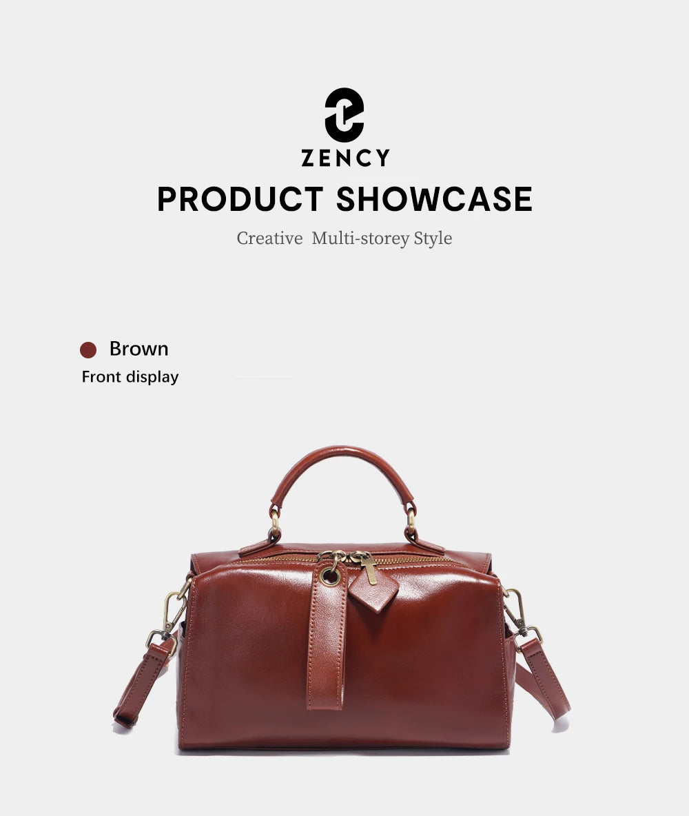 Zency Oil Wax Leather Vintage Green Handbag Women Shoulder Bag Satchel Black Wave Pattern Wide Strap Classic Boston Bag Purse