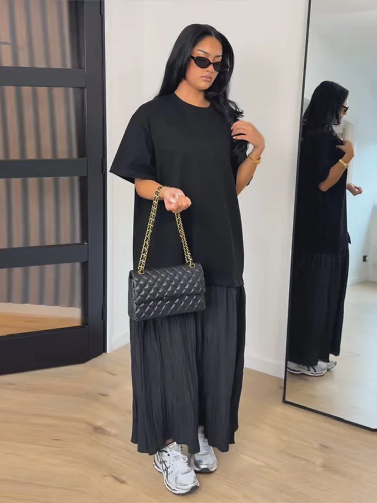 Short Sleeve Patchwork Oversized Long Dress Women Elegant O-neck Pleated Loose Party Evening Dresses Summer Casual Lady Vestidos