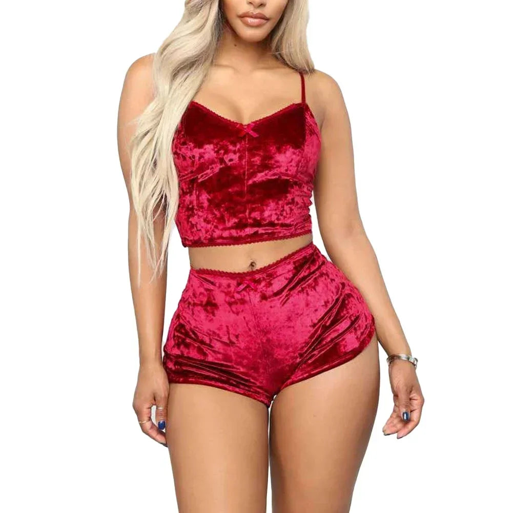 Women Sexy Lingerie Set Oil Shiny Nightwear Super Soft Short Sleepwear Sleeveless Crop Tops Solid Shorts Pajamas Set Casual Wear