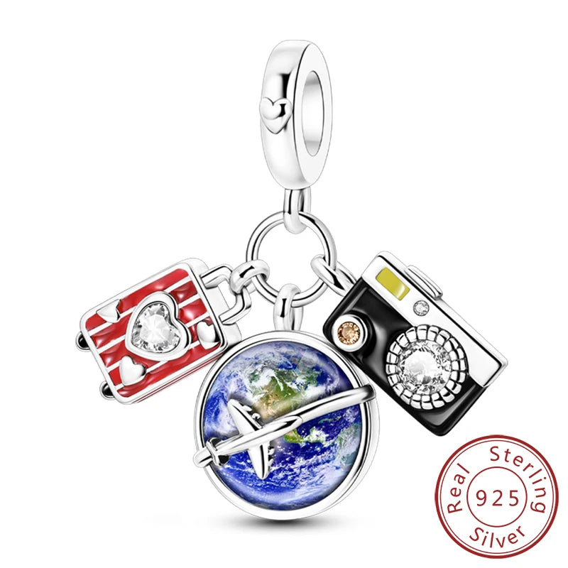925 Sterling Silver Charms Bead Dangle Airplane Luggage Passport Travel Charms Fit Original Charms Bracelet Jewelry Gift