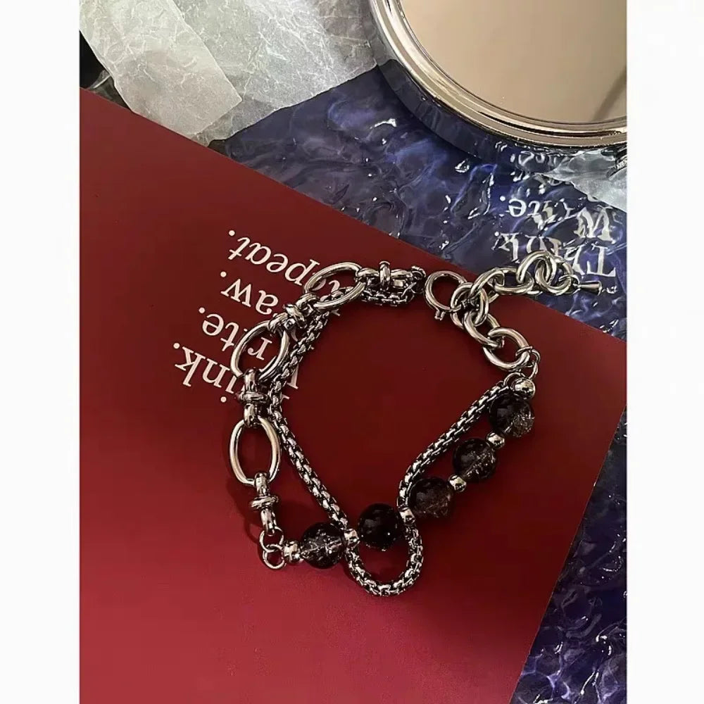 Retro Black Cracking Beads Bracelet for Men Women Stainless Steel Double Layered Chain Fashion Hip-pop Jewelry Pulseras