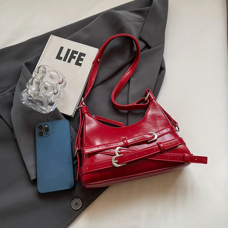 LEFTSIDE Belt Design Small PU Leather Shoulder Bags for Women 2025 Y2K Korean Fashion Crossbody Bag Lady Red Handbags and Purses