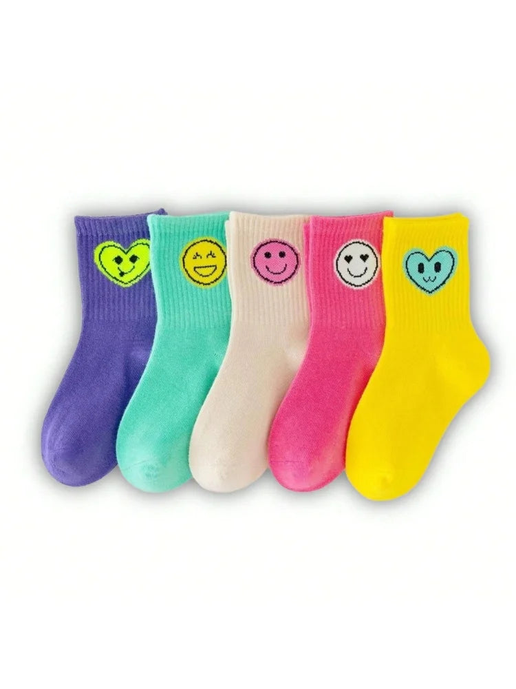5 Pairs of New Four-Season Children's Socks with Smiley Face Expressions for Boys and Girls, Mid-Calf and High-Calf Socks